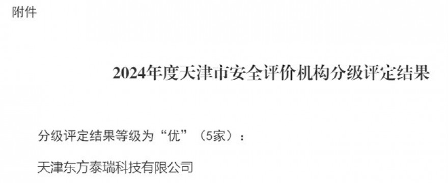 东方泰瑞公司荣获2024年度天津市安全评价机构分级评定等级“优”级